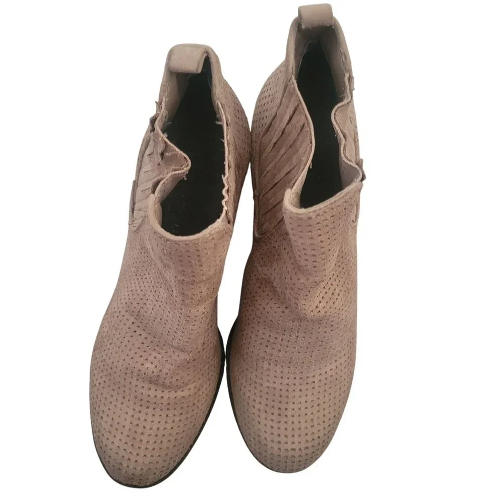 Tan Perforated Suede Ankle Boots With Block Heels & Elastic Side Panels Size 8.5